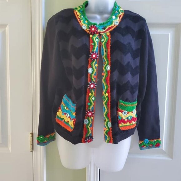 Berek Vintage 90s Chevron Abstract Embellished Cardigan Sweater Small - Picture 1 of 11